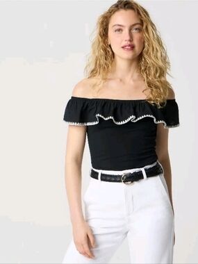 Nwt J. Crew Factory Blanket Stitch Off The Shoulder Top Size Small Black